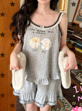 Gill Aiamr小熊家睡衣女夏季甜美花边碎花短裤家居服背心套装8621