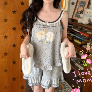 Gill Aiamr小熊家睡衣女夏季甜美花边碎花短裤家居服背心套装8621
