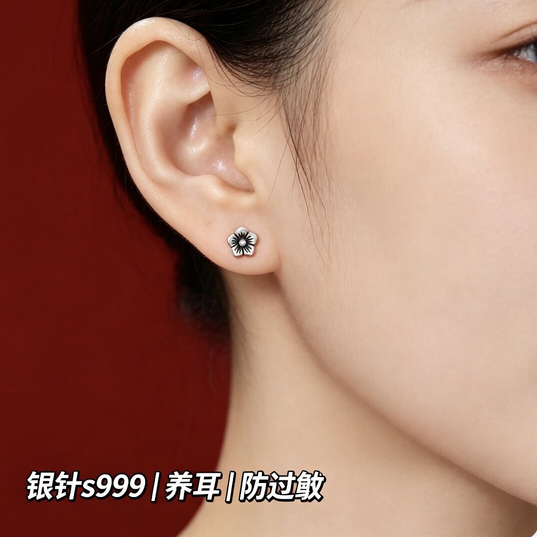 耳钉纯银s999花朵耳环女养耳睡觉