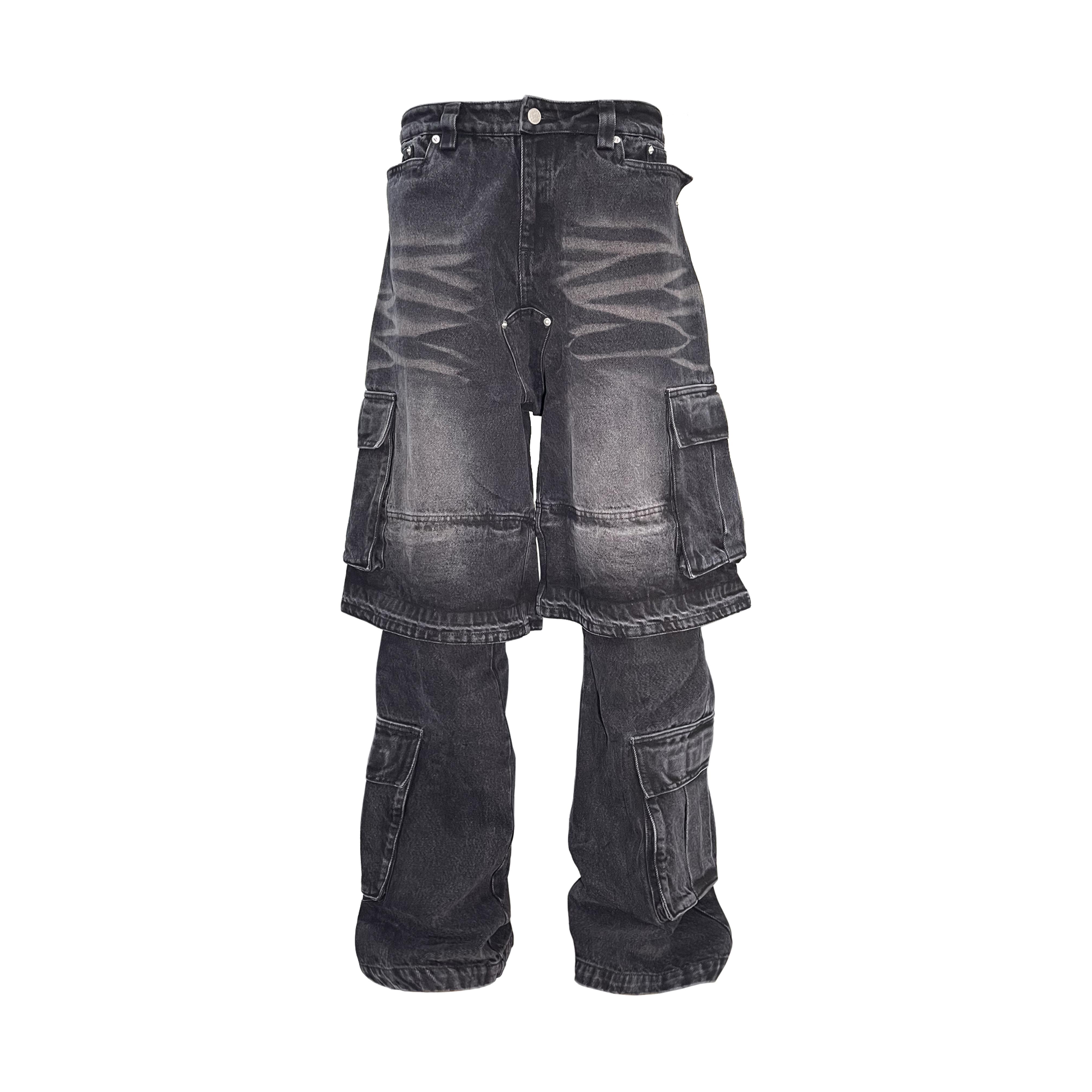 pccvision假两条水洗做旧牛仔裤