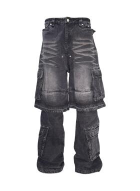 [PCCVISION] 3MAN0N 假两条黑色水洗做旧微喇牛仔裤