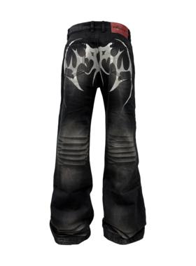 [PCCVISION] PVN白色图腾印花水洗做旧喇叭黑色牛仔裤宽松潮流