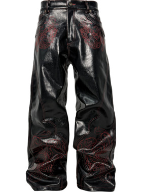 [PCCVISION] 3MAN0N 黑色油蜡pu皮巴洛克骷髅辑明线直筒皮裤