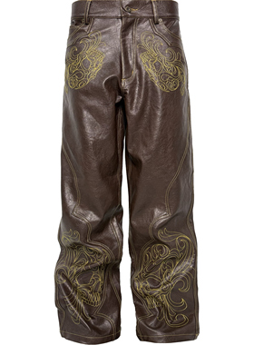 [PCCVISION] 3MAN0N 棕色肌理巴洛克骷髅辑明线直筒皮裤