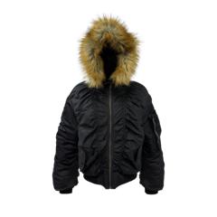 [PCCVISION] 3MAN0N 毛领连帽夹棉打褶短款拉链黑色ma1棉服夹克