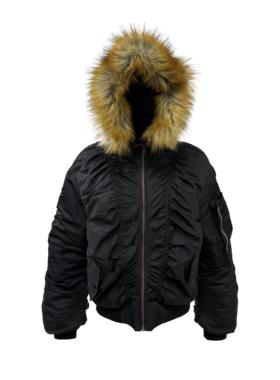 [PCCVISION] 3MAN0N 毛领连帽夹棉打褶短款拉链黑色ma1棉服夹克