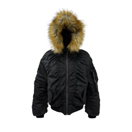 [PCCVISION] 3MAN0N 毛领连帽夹棉打褶短款拉链黑色ma1棉服夹克