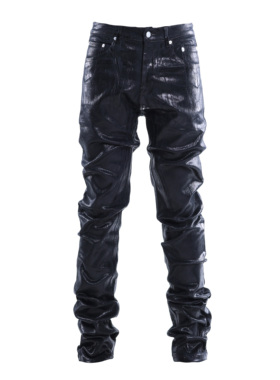 [PCCVISION]3MAN0N 黑色直筒涂层修身刷蜡刷胶弹力牛仔裤国潮