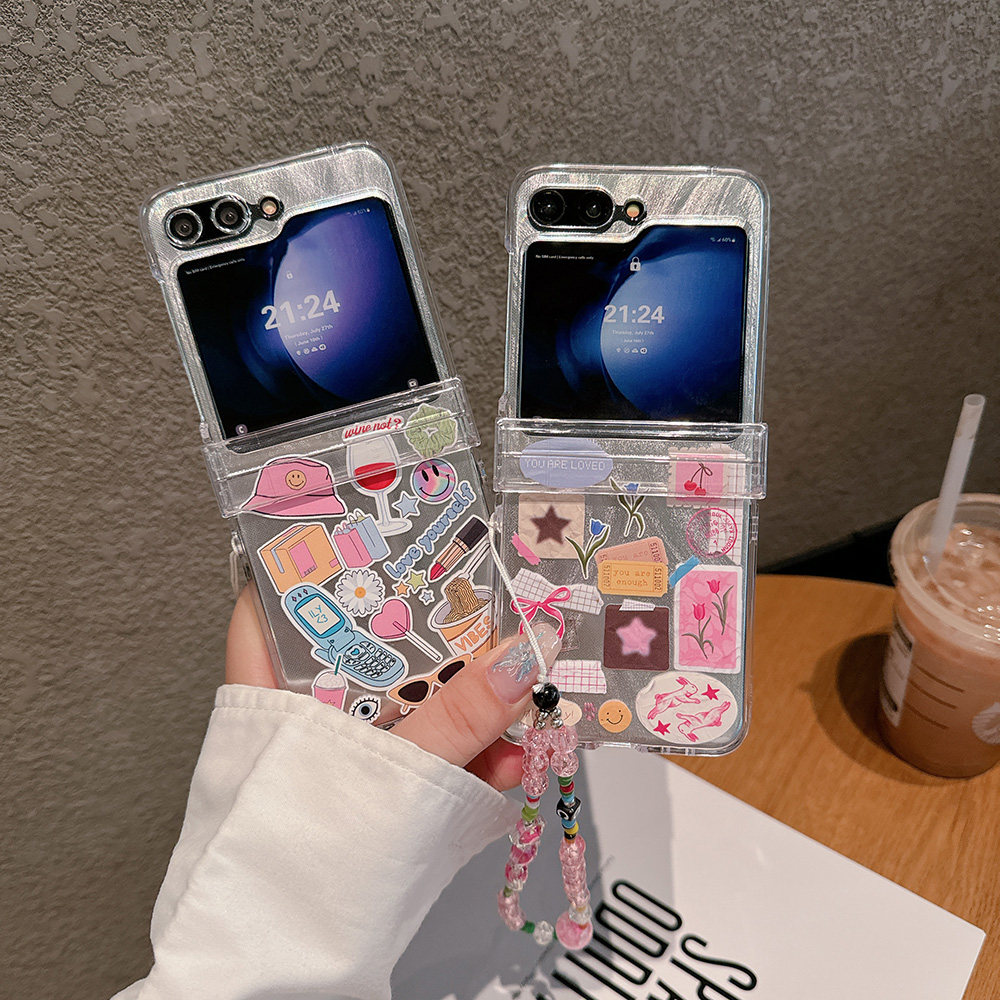 少女标签适用于三星Zflip7/Zflip6折叠手机壳粉色Samsung Zflip5/Zflip4女生Zflip3带手链透明保护套硬壳