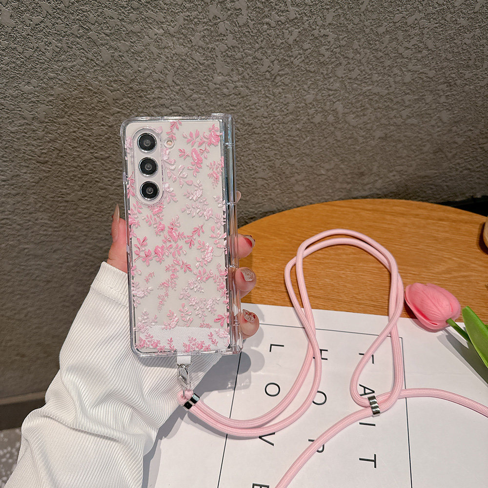 小粉花适用三星ZFold 8Ultra折叠手机壳ZFold7复古玫瑰ZFold6带中轴ZFold5翻盖保护套ZFold4透明硬壳带斜挎绳