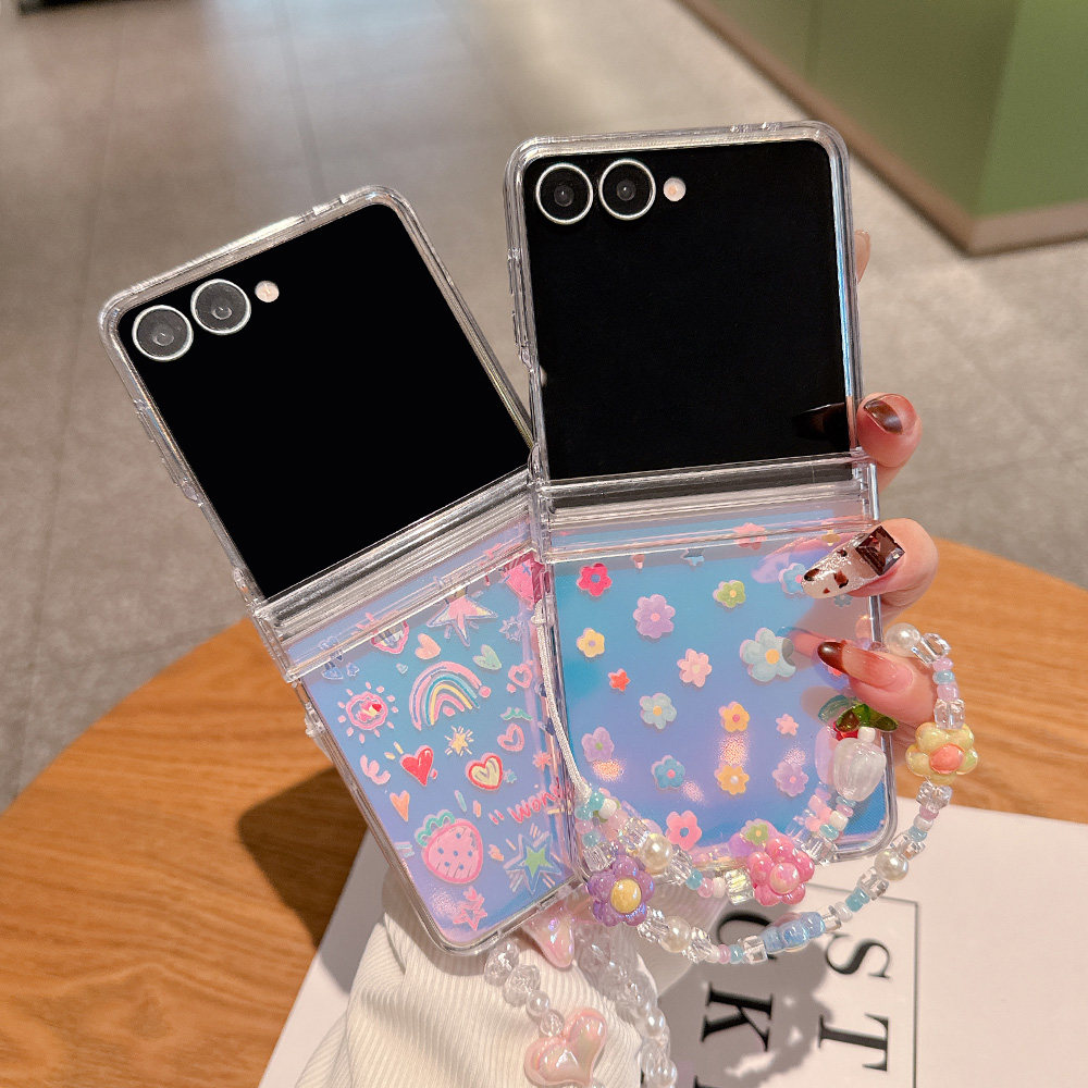 涂鸦彩虹星星适用于三星Zflip7/Zflip6折叠手机壳Samsung Zflip5小花Zflip7FE手链Z flip7花朵透明硬壳少女