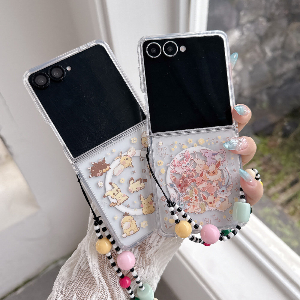 小精灵适用于三星Zflip8磁吸折叠手机壳无线充电Samsung Zflip7可爱皮卡丘透明彩绘硬壳带手链日本动漫三件套