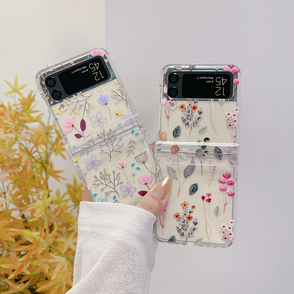 适用于三星Zflip7/Zflip6折叠手机壳水彩碎花Samsung Zflip5小花朵Z flip4带手链Zflip3透明保护套硬壳带挂绳