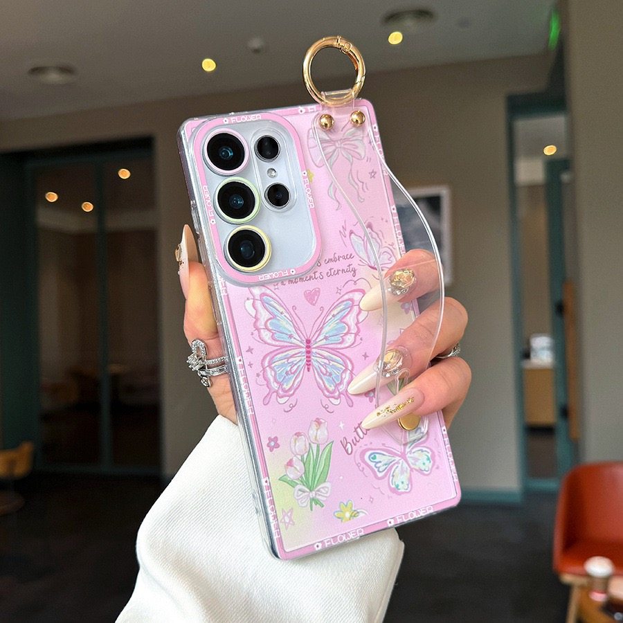 梦幻蝴蝶适用三星S25/S24ultra/S23ultra/S22/S24fe腕带手机壳S22ultra透明A56/A55/A53卡通A17/A16/A26/A15