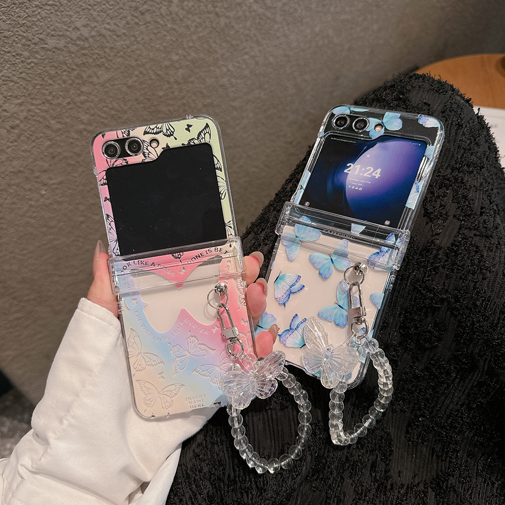 适用于三星Zflip7/Zflip6折叠手机壳七彩蝴蝶Samsung Zflip5渐变蝴蝶Zflip4带手链Zflip3透明保护套硬壳挂绳