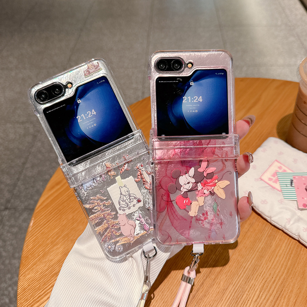 适用于三星Zflip7/Zflip6折叠手机壳米奇Samsung Zflip5维尼Z flip4带手链卡通Z flip3透明保护套硬壳带挂绳