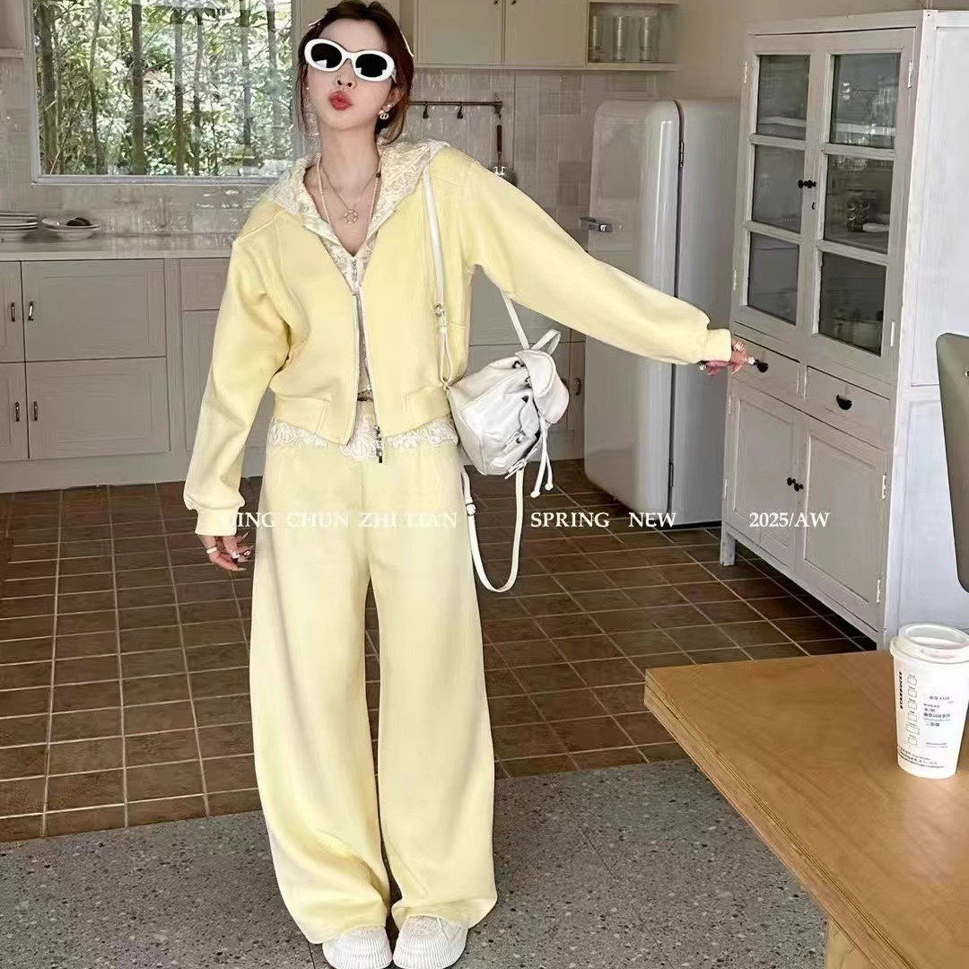 休闲运动两件套装女2025春季气质显瘦蕾丝拼接连帽卫衣直筒裤卫裤
