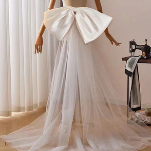 网纱大拖尾后背蝴蝶结2025新款 主持人白色晚礼服饰品仙气高级感