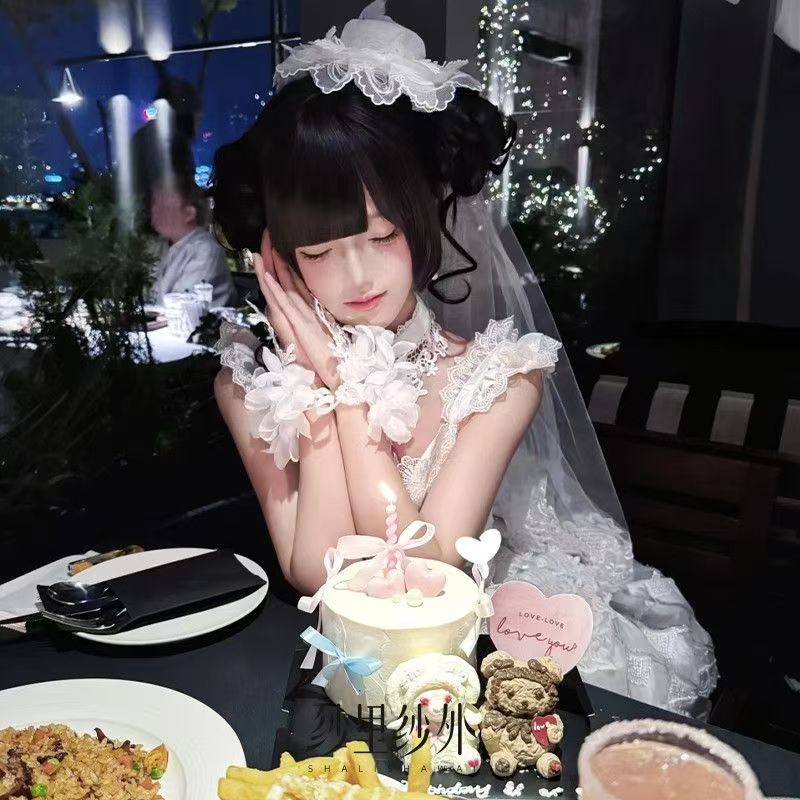 洛丽塔手套手袖雀之羽千堆雪白色花朵蕾丝勾指lolita花嫁lo娘拍照