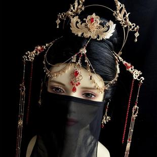 仙侠发饰头冠长流苏异域公主古典发冠汉服额饰红色敦煌配饰品铜镀