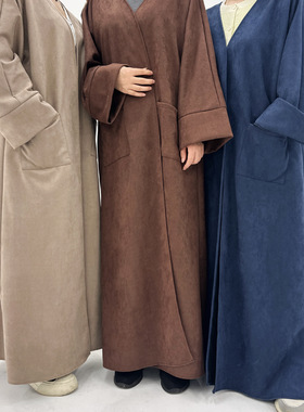 winter arab woman suede coat robe土耳其女秋冬麂皮绒开衫外套