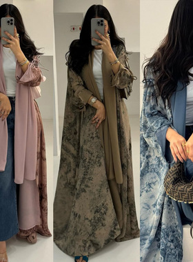 2025新款modest chiffon dress时尚女装雪纺印花开衫长袍含头巾