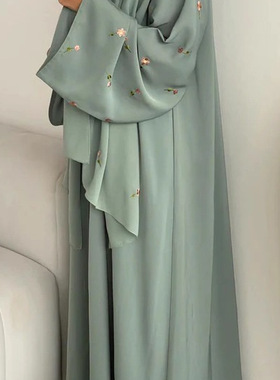 Arab women embroidery lady dress小花朵刺绣开衫有暗扣含披肩