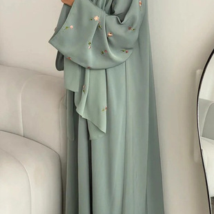 Arab women embroidery lady dress小花朵刺绣开衫有暗扣含披肩