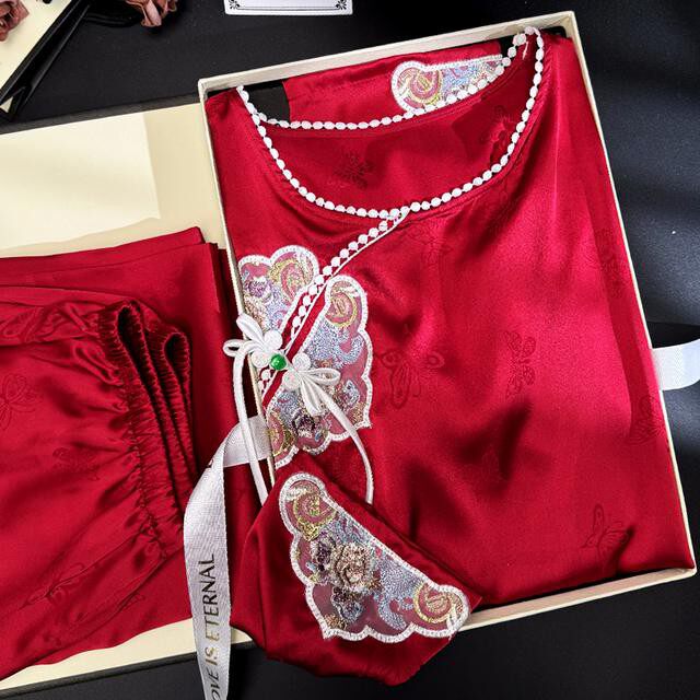 红色刺绣蝴蝶冰丝新中式国风睡衣女套头春秋长袖家居服夏季加大码