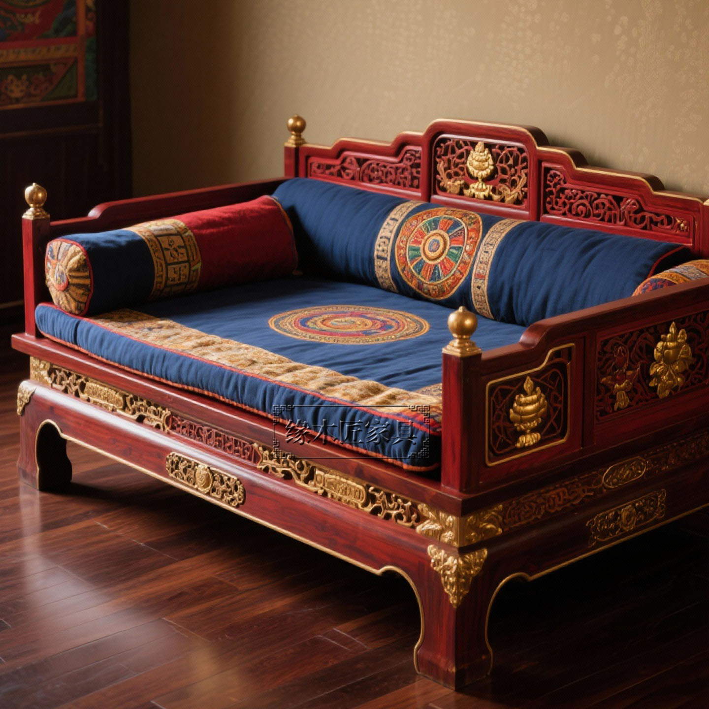 藏式雕花沙发床彩绘罗汉床实木盘腿打坐法坐榻榻米床上师床榻禅座