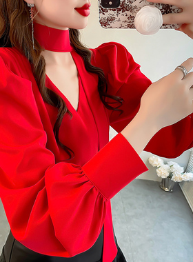 红色显白雪纺衬衫女设计感小众纯色衬衣显瘦飘带V领泡泡袖上衣秋