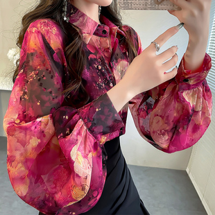 洋气碎花衬衣女款2026新款春装刺绣提花上衣韩版时尚气质雪纺衬衫