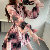 雪纺上衣春 衬衣女显瘦松紧腰喇叭袖 法式 浪漫小上衣洋气印花中长款