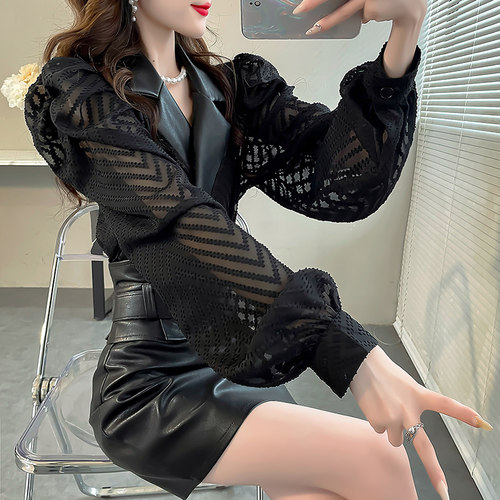 PU皮西装拼接领泡泡袖衬衫女款
