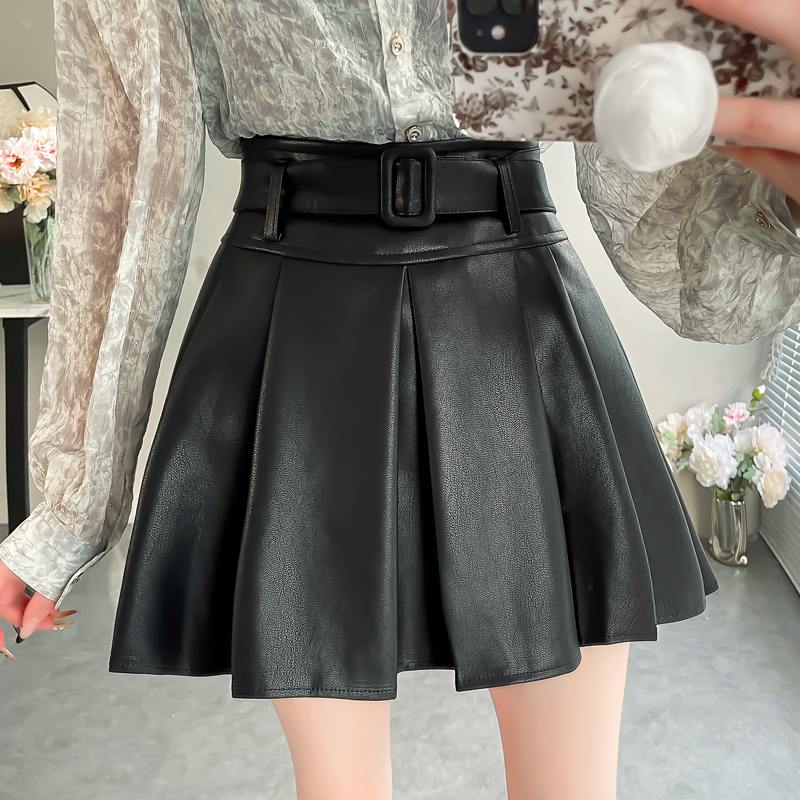 韩版黑色百褶裙高级感PU皮半身裙高腰系带皮裙冬女款修身百搭短裙