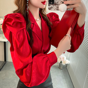 2025新款 女款 泡泡袖 衬衣洋气印花显瘦西装 上衣 红色时尚 领秋装 衬衫