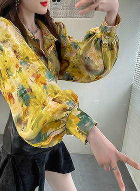 清新黄色印花翻领雪纺衬衫女高级感轻奢衬衣洋气宽松灯笼袖上衣春
