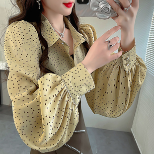 女高级感轻奢翻领衬衣洋气波点印花灯笼袖 衬衫 雪纺上衣仙 大码 春季