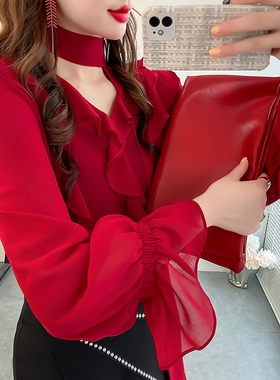 红色气质名媛系脖带V领衬衫上衣女宽松洋气荷叶边雪纺长袖衬衣秋