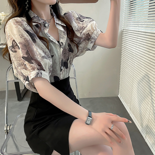 独特印花设计感泡泡袖雪纺衬衫夏季新款短袖衬衣仙女款显瘦女上衣