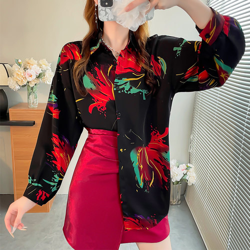 秋季红色印花宽松中长衬衫女