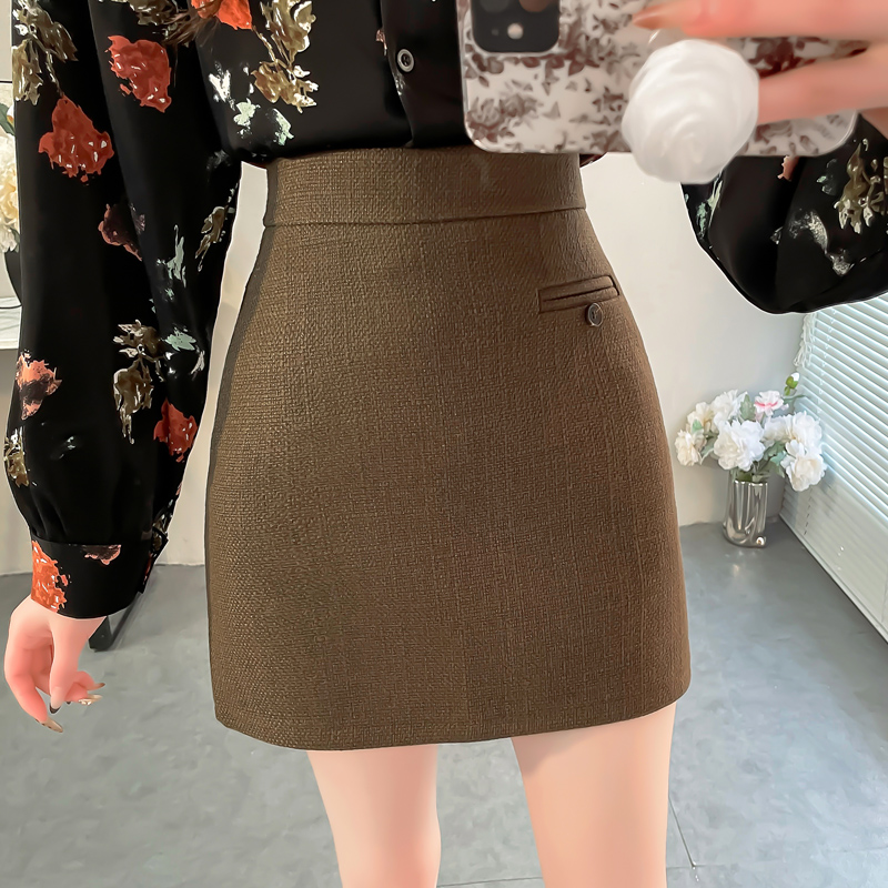 韩版卡其毛呢高腰OL包臀短裙
