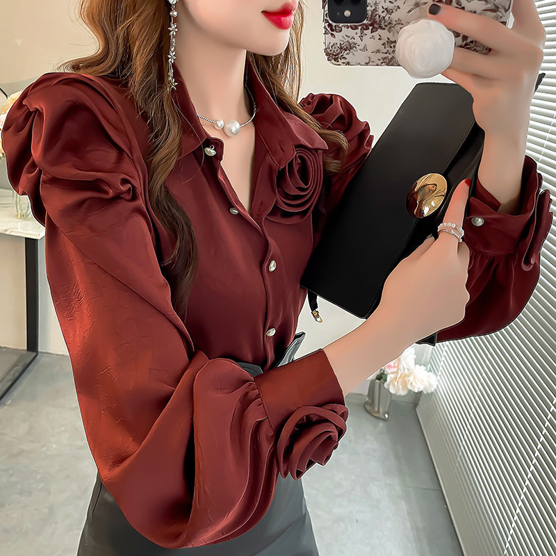酒红色衬衫女设计感小众立体花朵