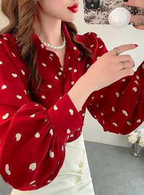 爱心印花红色衬衫女高级感轻奢减龄洋气衬衣显瘦灯笼袖雪纺上衣秋