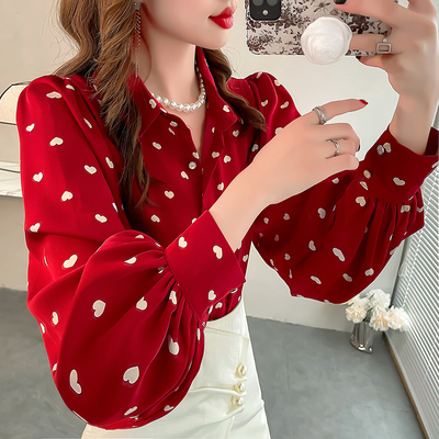 爱心印花红色衬衫女高级感轻奢