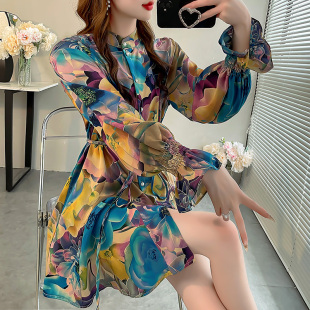 复古碎花立领衬衫女款2025新款中长款衬衣系带显瘦收腰长袖上衣春