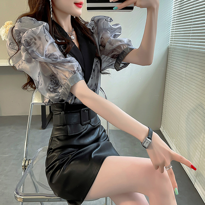 印花短袖轻熟法式小众西装领衬衫