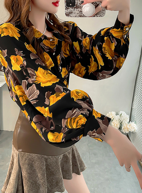 法式富家千金衬衫黄色玫瑰印花灯笼袖衬衣女显瘦翻领高级感上衣秋