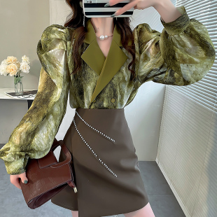 领印花刺绣衬衫 上衣宽松雪纺衫 女2024新款 独特别致泡泡袖 春装 西装