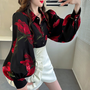 韩版宽松长袖衬衫女款2025新款衬衣显白碎花灯笼袖气质翻领上衣秋